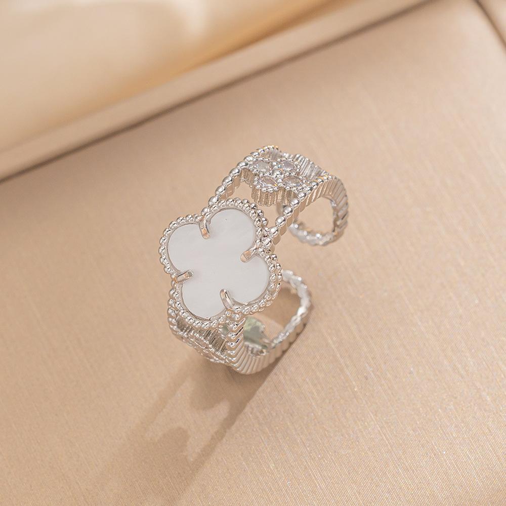 Fashion Ring Senior Sense of Light Luxury Four-leaf Clover Zirconia Ring Female Retro Opening Adjustable Ring
