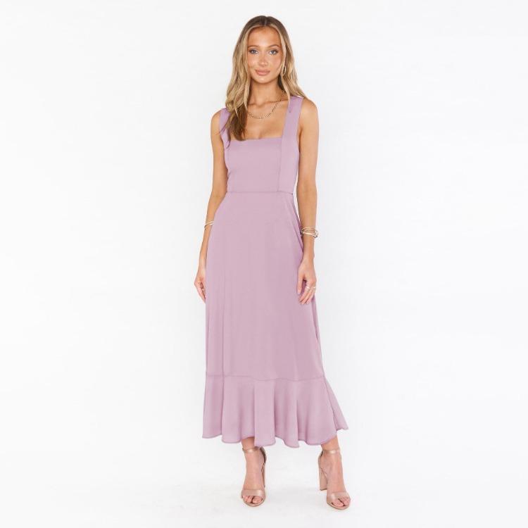Women Summer Casual Sleeveless Spaghetti Strap A-Line Dress High Waist Long Split Solid Color Dresses