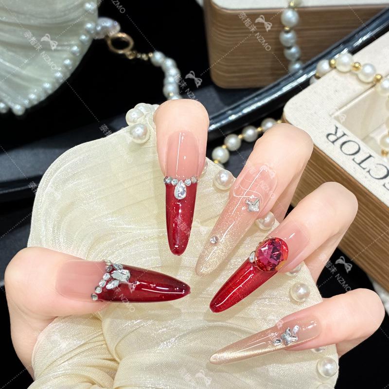 Wine Red Elegant French Design Luxury Long Wearable Nails S