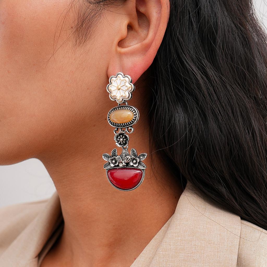 European and American old resin oval flower silver needle earrings retro geometric earrings 