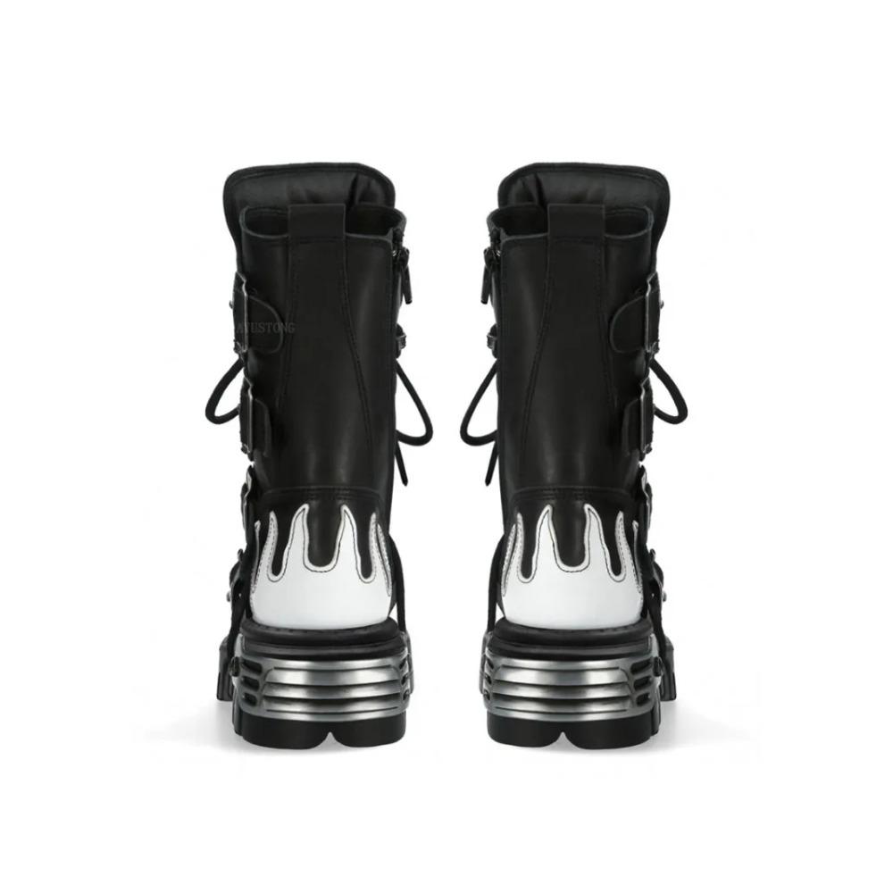 Men's Flame Metallic Goth Skull Punk Motorcycle Boots Platform Mid-Calf Boots Rock Round Toe Zip Women Western Biker Fashion