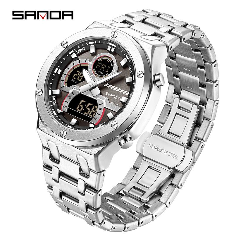 Sanda Octagonal Steel Band Multifunctional LED Light Watch for Men - TikTok Trendy Heartbeat Monitor Watch