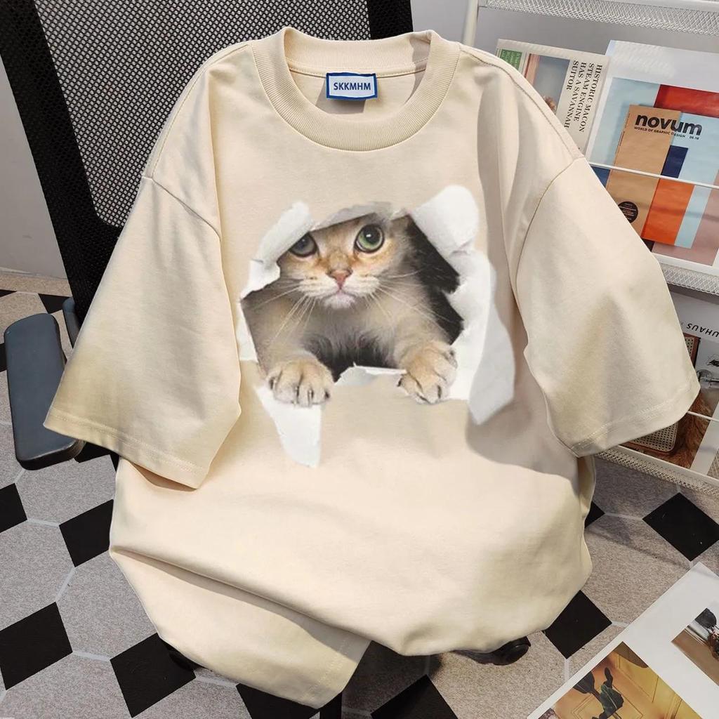 100% Cotton Cat Print Summer Women's Loose Casual Slimming Short Sleeve Crew Neck T-shirt