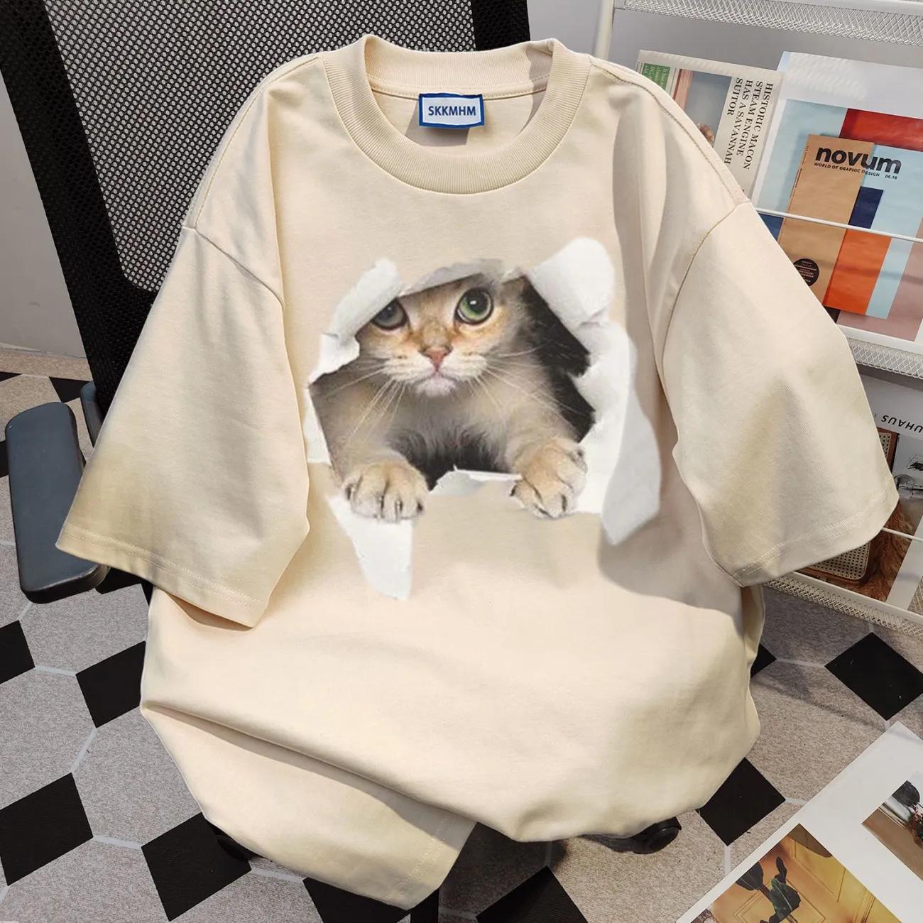 

Женская свободная летняя футболка с принтом кошки, с круглым вырезом и короткими рукавами - Универсальный плотный хлопок XL for 116-130 jin