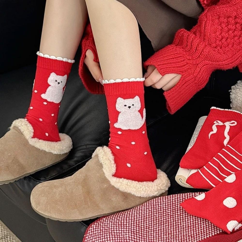 5 Pairs Breathable Polka Dot Socks Combed Cotton Stripe Socks Kitten Red Socks  Spring Festival