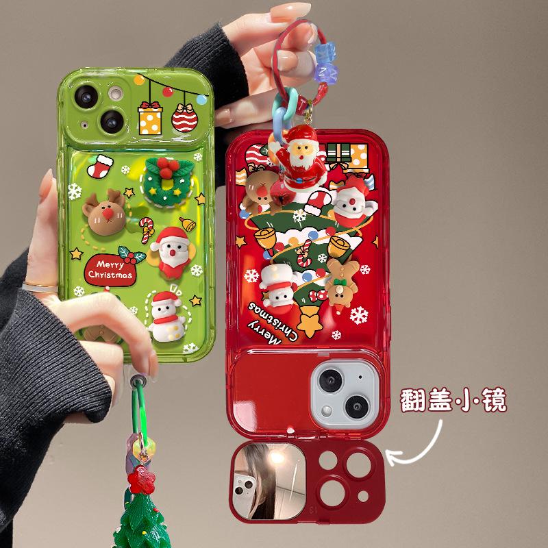 Applicable to Apple 15 mobile phone case iPhone16promax Christmas doll 13 flip mirror 11/12 silicone 17