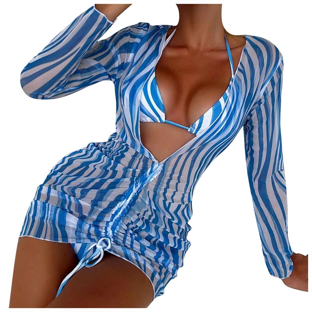 Women's Sexy Hanging Neck Ties Three Sets Of Pleated Cover-Up Long-Sleeved Swimsuit
