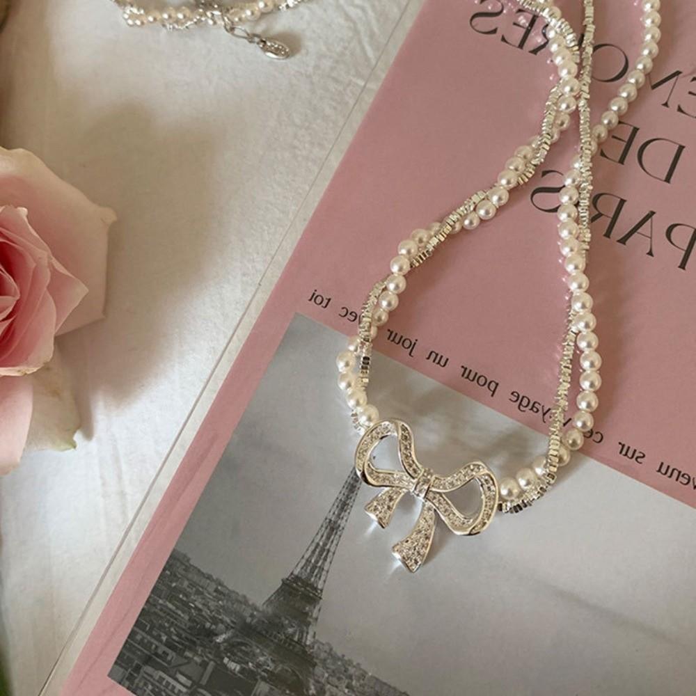 Clavicle Chain Silver Bowknot Necklace Pearl Simple Pendant Chain Bow Necklace Pendant  Girls/Women