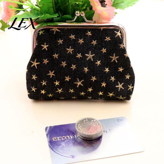 Washed Denim Wallet Golden Star Coin Purse, Women Change Kiss Lock Purse Closure Pouch for Folded Cash Coins Cards Mini Makeup