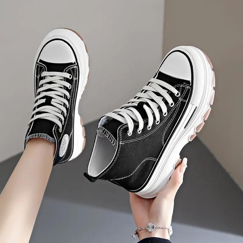 New Women High Top Sneakers Lace-Up Casual Plarform Height Canvas Non-slip Wear Resistant Fashion Spring Female Vulcanize Shoes