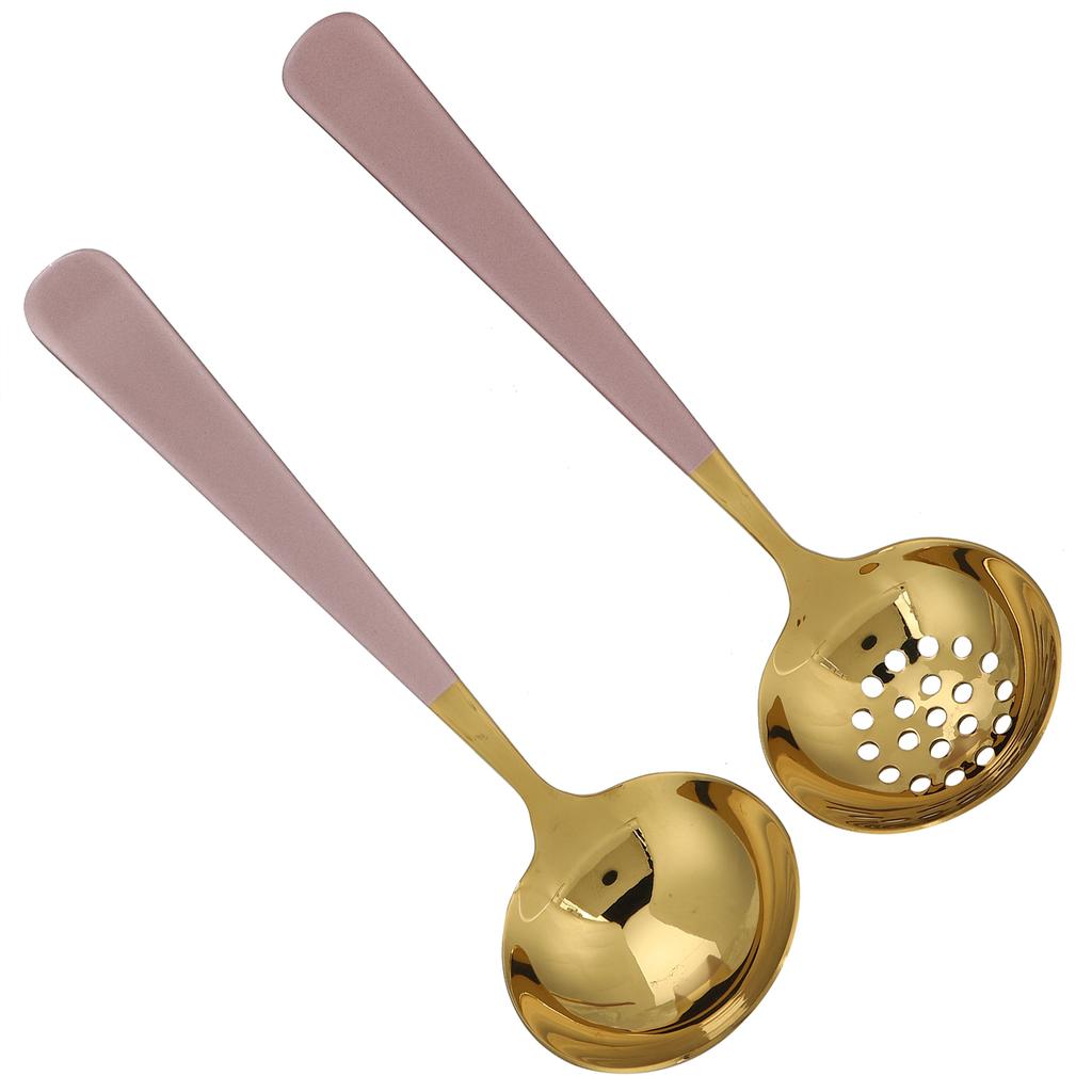 2PCS Stainless Steel Soup Spoon Slotted Spoon Skimmer Cutlery Tableware Sets Kitchen UtensilPink