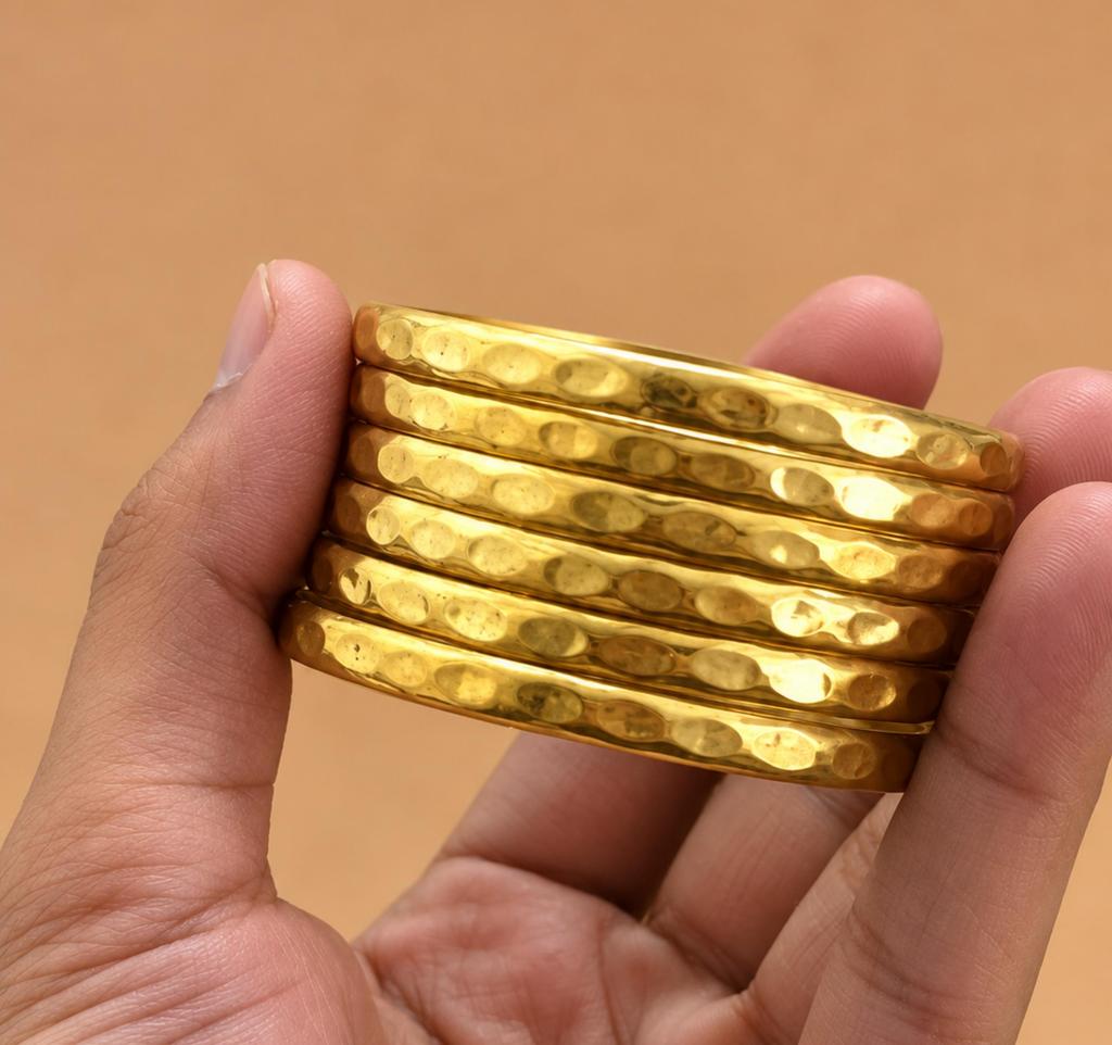Hammered Brass Bangle Set, Set of 5 Bangles, Textured Gold Tone Bangles, Indian Jewelry, Stackable Bangles, Traditional Bracelet Set, Boho Jewelry
