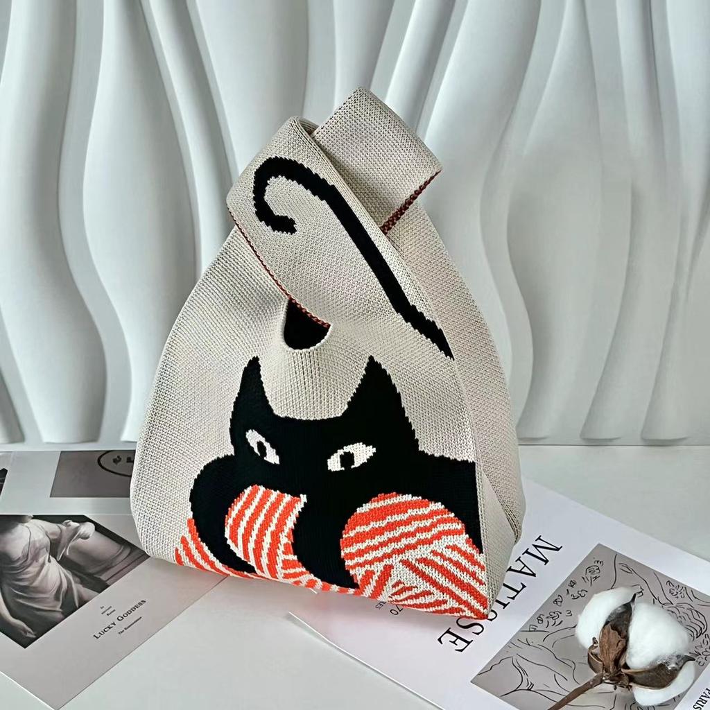 Women's Knot Wrist Bag Handmade Knitted Bag Portable Mini Striped Tote Bucket Phone Bags Large Capacity Autumn Winter Handbags