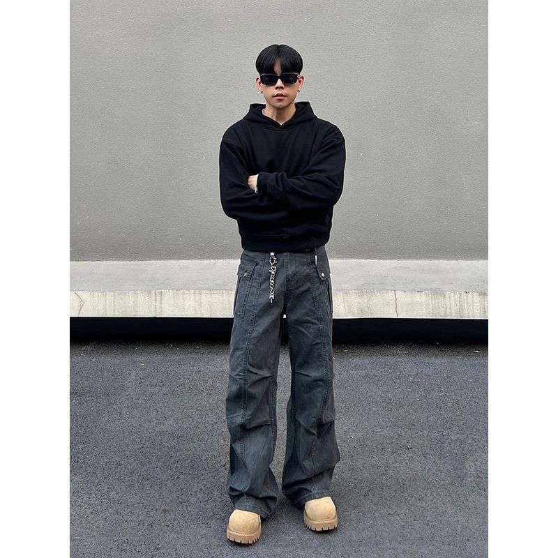 Blaexit American-Style Distressed Gray Pleated Flared Cargo Pants for Men, Cleanfit Loose Casual Trendy Pants