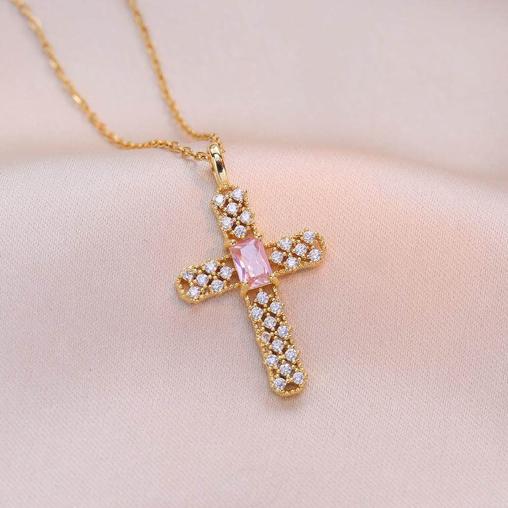 Damen Bunte Zirkon Kreuz Halskette - Nischendesign mit Voll-Diamant-Anhänger an Edelstahlkette