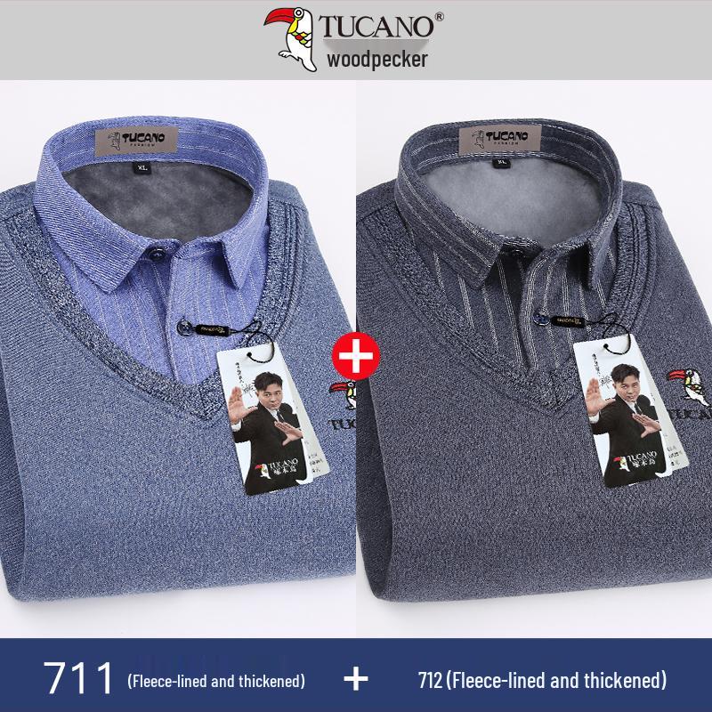 Woodpecker Men's Fleece-Lined Long Sleeve Two-in-One Thick Shirt Sweater for Dad