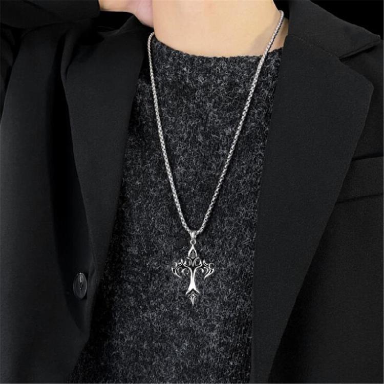 Men's Titaniums Steel Necklace Retro Flame Crucifix Charm Pendant Clavicle Chain Handmade Music Festival Jewelry