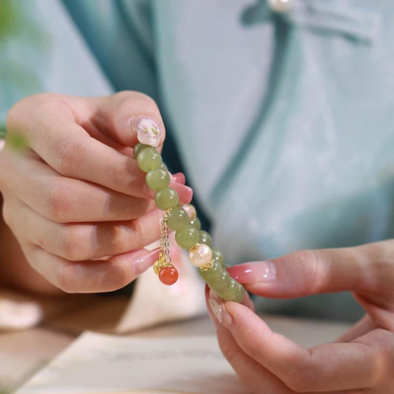 Natural Hetian Jade Buckle Bracelet Amulet Transfer Beads Bracelet for Women Girls Girlfriends Jewelry Blessing Gifts