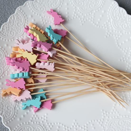 100PCS Bamboo Fruit Tags, Cute Cute Easter Bunny Decor, Multi-Color Disposable Skewers for Fruits Barbecue Cakes Cocktails