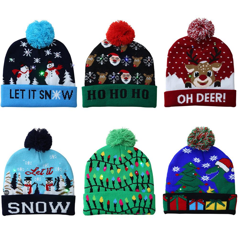 Festive Christmas Decoration Knit Beanie Hat With Led Lights For Adults And Kids