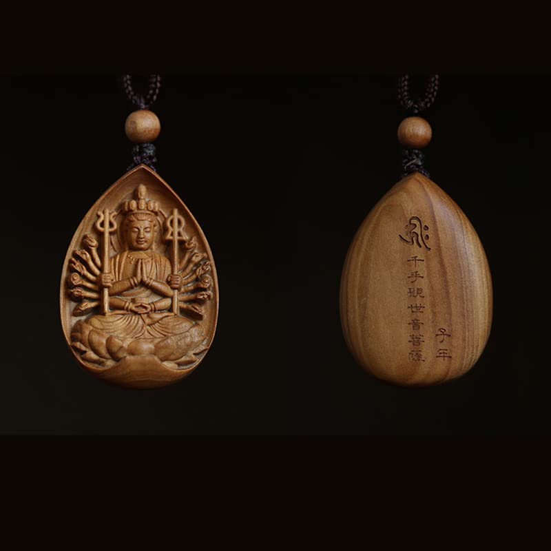 Buddhist statue [Thousand-Armed Kannon Bodhisattva] Pendant Necklace, Wood Carving, Australian Sandalwood, Double-Sided Carving, Wooden Sculpture, Zod