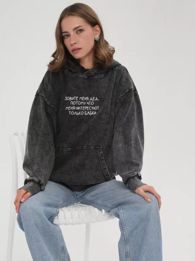 2025 fashion European and American style medium and long loose heavy industry printing American retro washed old hooded sweater