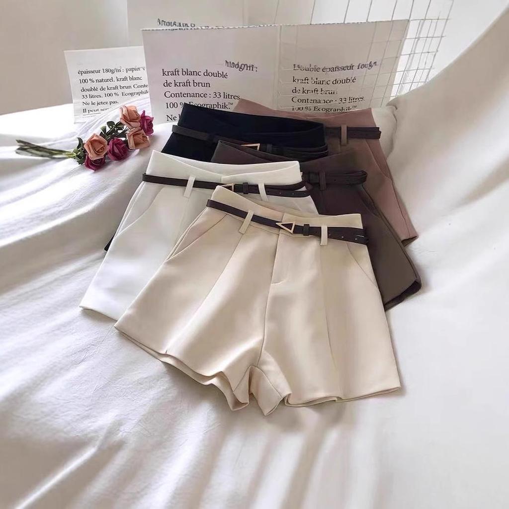 Spring 2025 Women's Apricot Belted Wide-Leg A-Line Suit Shorts - Versatile and Slimming Casual Outerwear