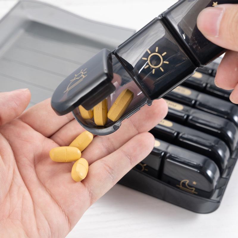 7-Day Black Gold Pill Box, 21 Grids, Large Capacity, Travel-friendly, Moisture-proof