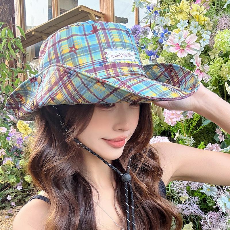 Retro color matching plaid bucket hat summer light big brim sun protection sun hat outdoor versatile face covering sun hat