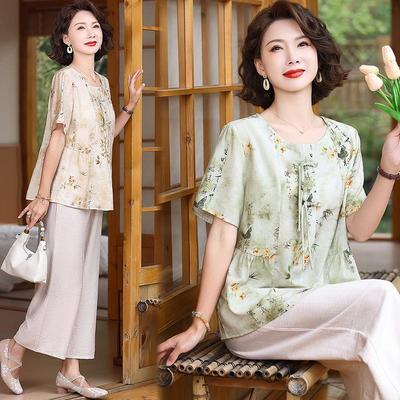 Costum de vară chinezesc floral pentru femei: Tricou cu mânecă scurtă pentru persoane de vârstă mijlocie și vârstnici