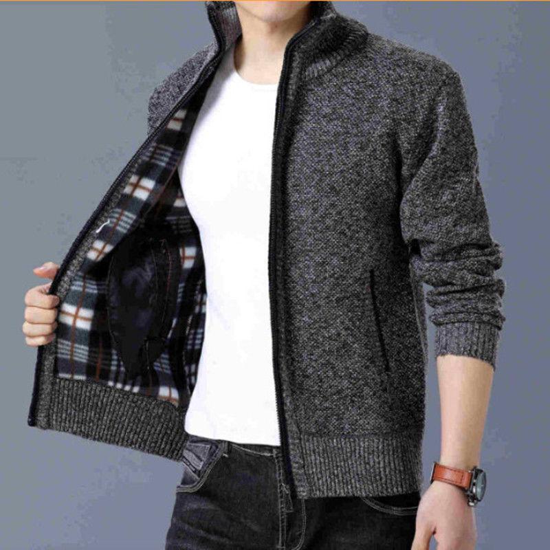 Men's Warm Fleece-Lined Zip Cardigan Sweater - Solid Color, Stand Collar, Plus Size, Casual Winter Wear.
