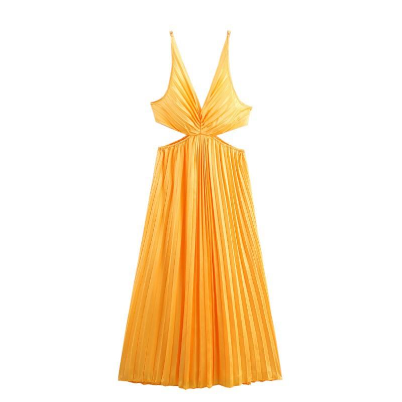 European American Women s Clothing Summer Fashion Hollow Pleated V-neck Suspender Dress S жёлтый
