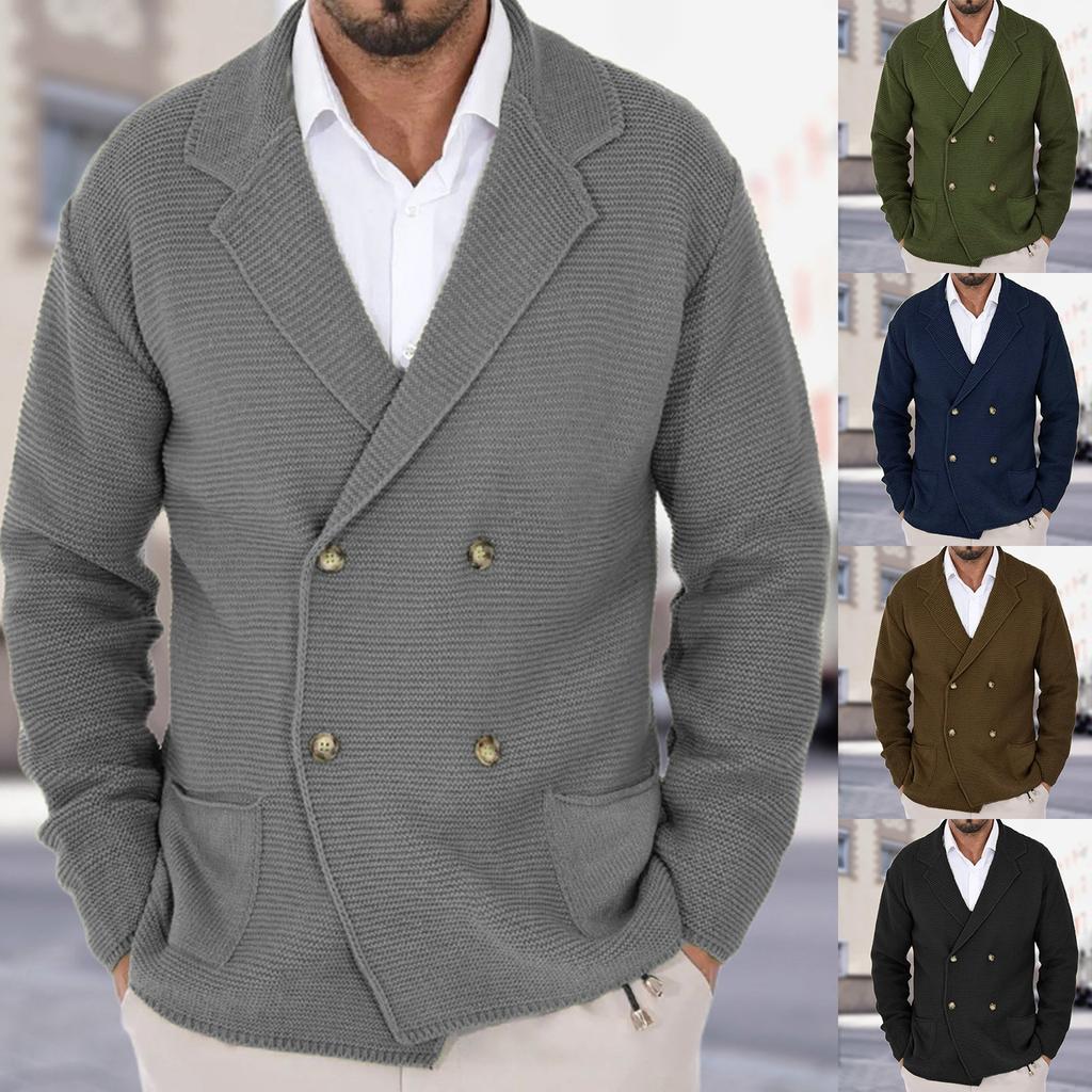 Men's Solid-Color Knitted Cardigan, Slim-Fit Cuban Collar, Turn-Up Collar, Double-Breasted Sweater