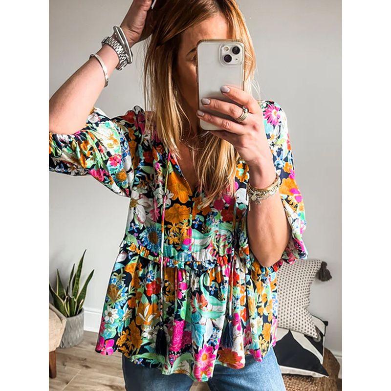 Early Spring New Arrival Florals Print Puff Sleeves Chiffon Shirt Women 2025 Fashion Fashion Color-Block V Neck Pullover Tops