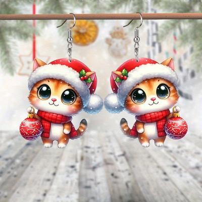 Cross-border Hot Sale Charming Cat Christmas Ball Acrylic Earrings Gift Celebration Accessories Cat Theme Gift