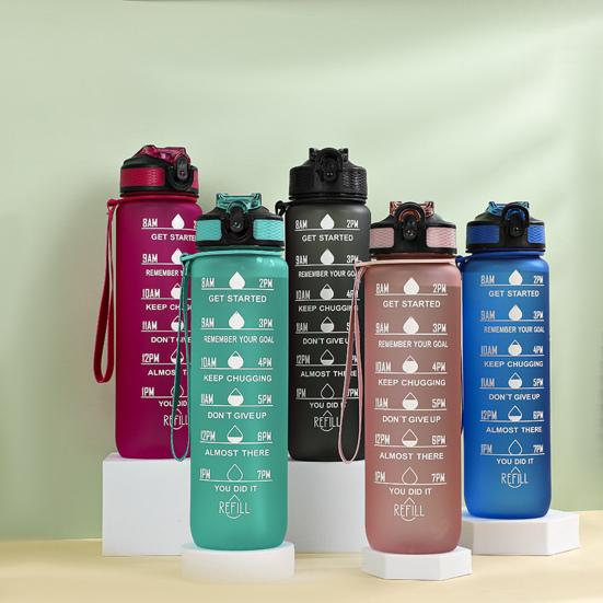 1000ml Wasserbecher Lebensmittelqualität Auslaufsicher Große Kapazität mit Zeitmarkierung Trageband-Design Staubdicht Motivierende Sport-Wasserflasche mit Strohhalm Büro