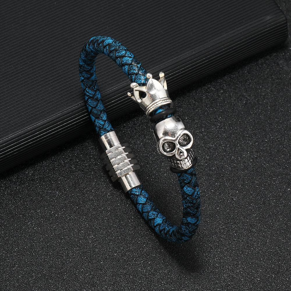 Vintage Multicolor Leather Bracelet For Men Skull Crown Design Fashion Accessory синий