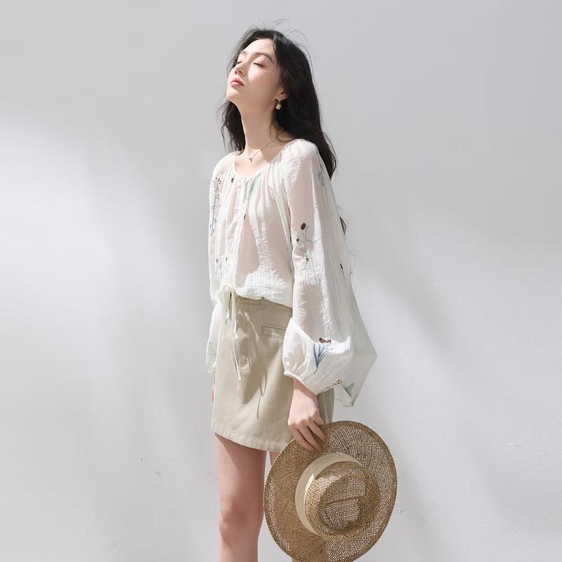 SanCai Lyocell Embroidered Loose Long Sleeve Blouse