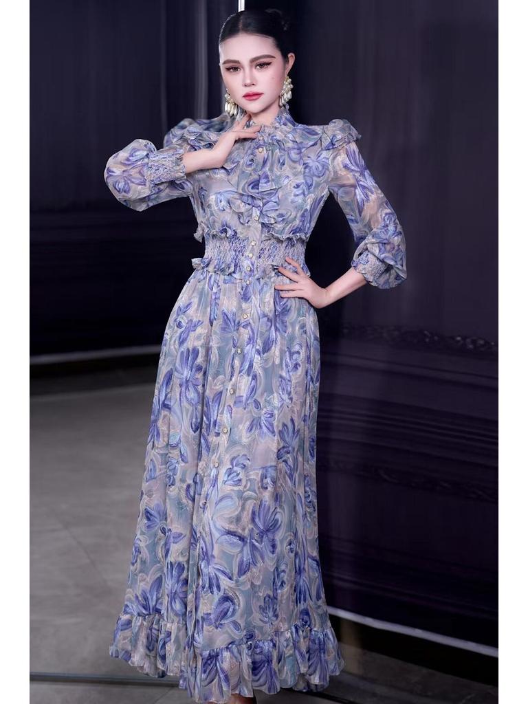 Stand Collar Long Sleeve Ruffle Waist Courtly Light Skirt - Spring 2026 Women's Collection