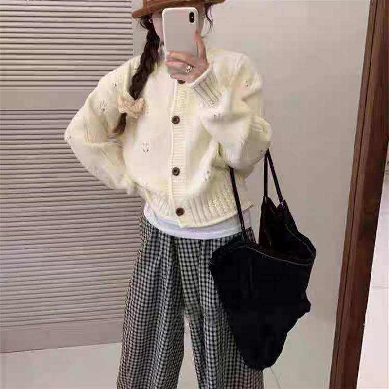Korean Retro Hollow Knitted Cardigan Coat Women's Autumn and Winter Loose Curled Stand-up Collar Design Short Sweater Jacket Top