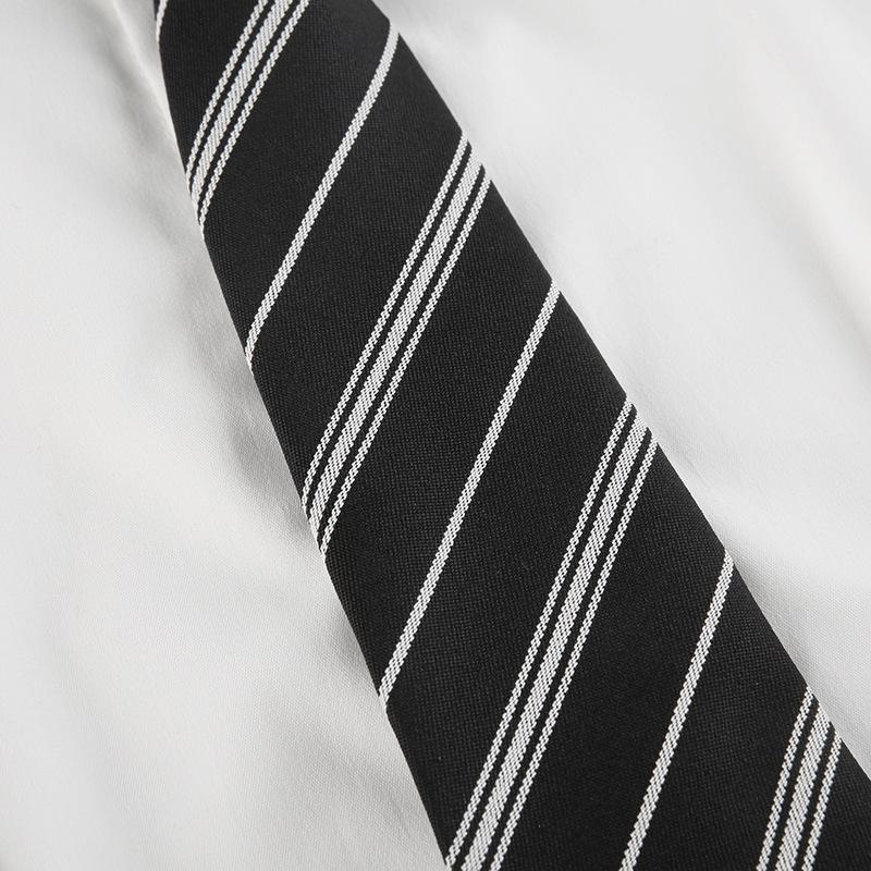 Retro College Style Striped Tie Turn-Down Collar Slim Short Sleeve White Shirt Women's Summer Short Top