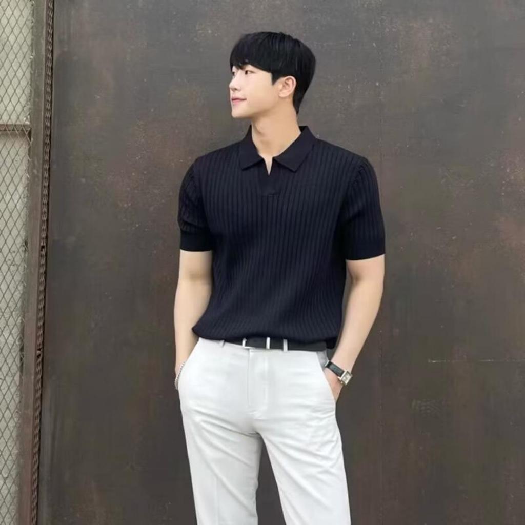 Camicia da uomo slim-fit - Manica corta, Tessuto in rayon lavorato a maglia, Colore unito, Stile casual per tutte le stagioni, Camicia casual | Camicia moderna | Lavorato a maglia