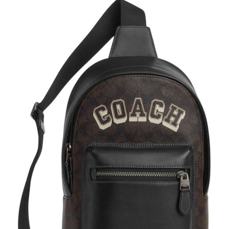 Coach West 19 Varsity Pattern Design Leather And Fabric Mixed Faux Leather Crossbody Bag Small Men bags Walnut CCF64-QBWAN