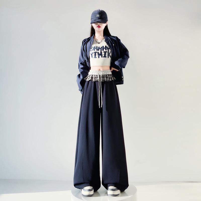 Plaid Patchwork Ruffle Women's Wide-Leg Sweatpants - Spring 2026 Hot Girl Style