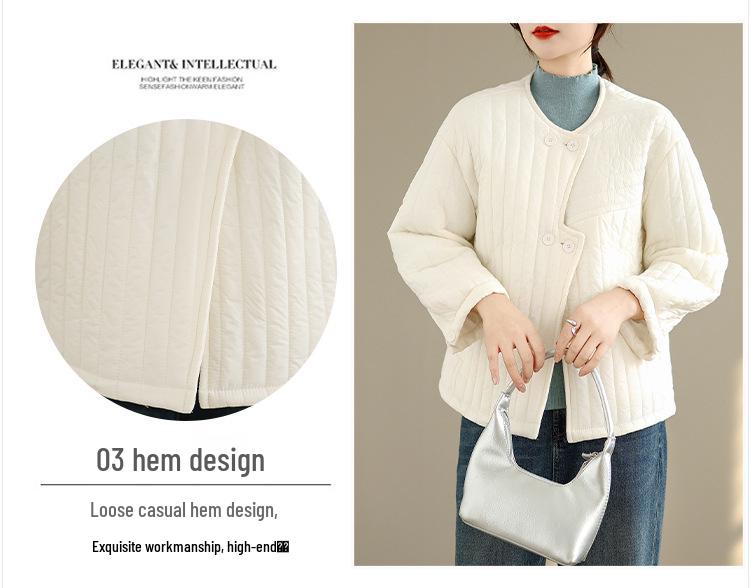 Available: Quilted Women's Korean-Style Loose Winter Jacket with Irregular Placket and Round Neck.