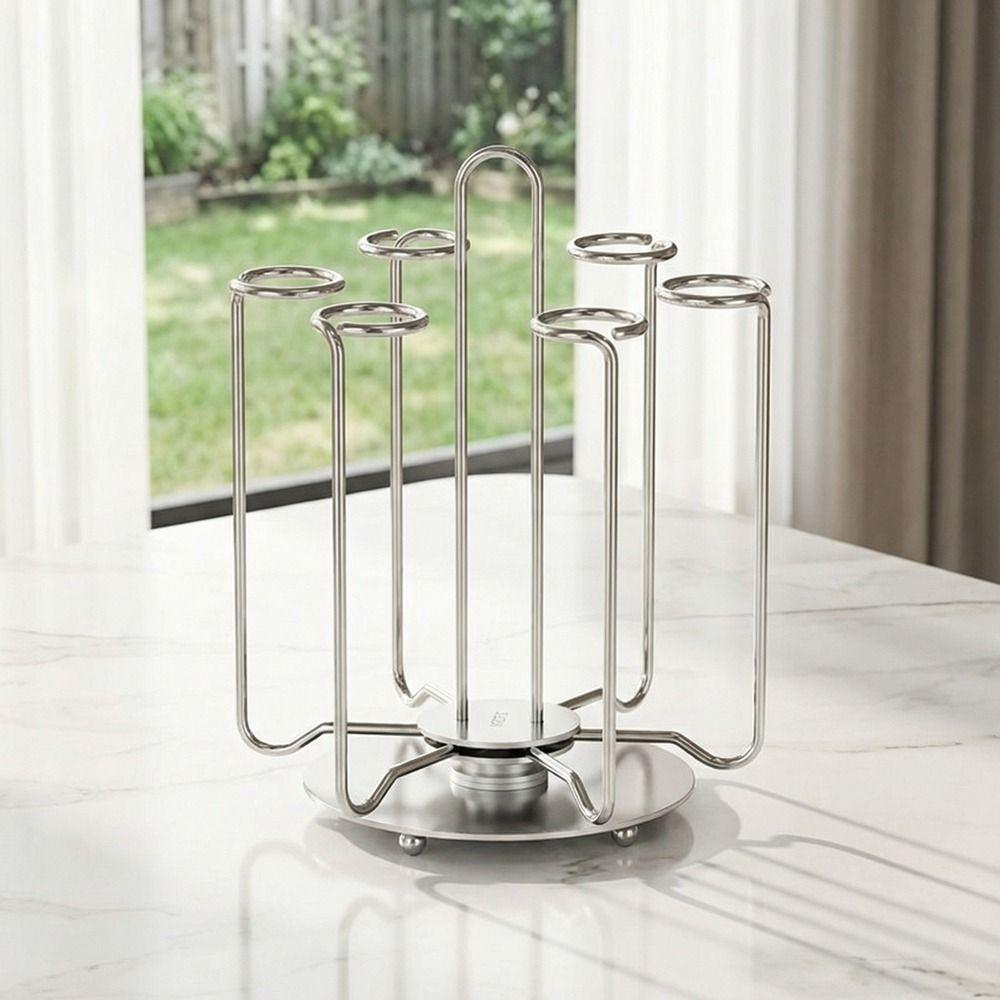 Stainless Steel Rotating Cup Holder Large Capacity Upside-Down Cup Drying Rack with Tray Saving Space Tea Cup Storage Shelf