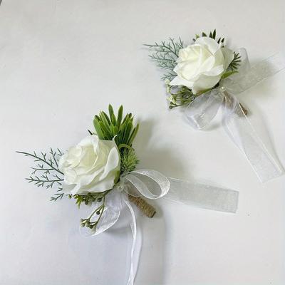 Ein Paar Hochzeits-Brautjungfern Simulierte Weiße Rose Korsage Handgelenkblume Set