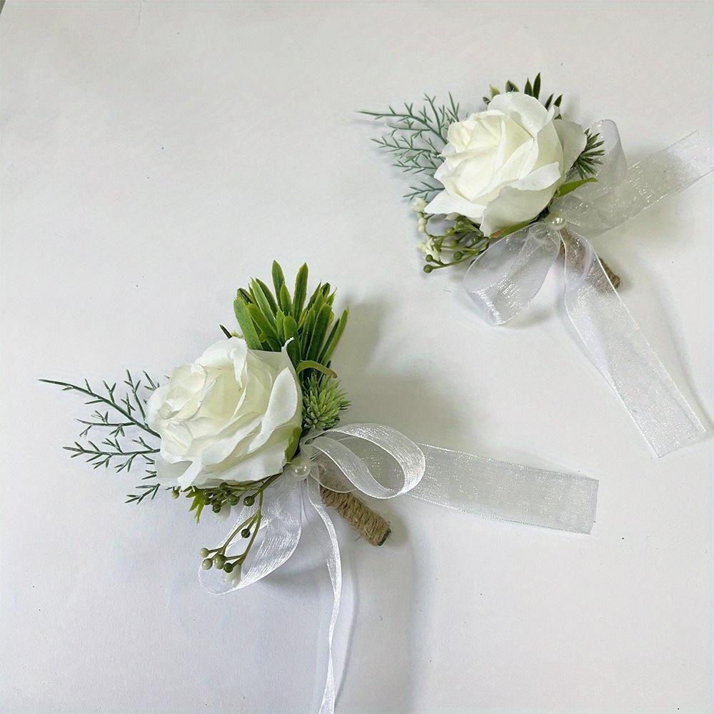 A Pair of Wedding Bridesmaids Simulated White Rose Corsage Wrist Flower Set