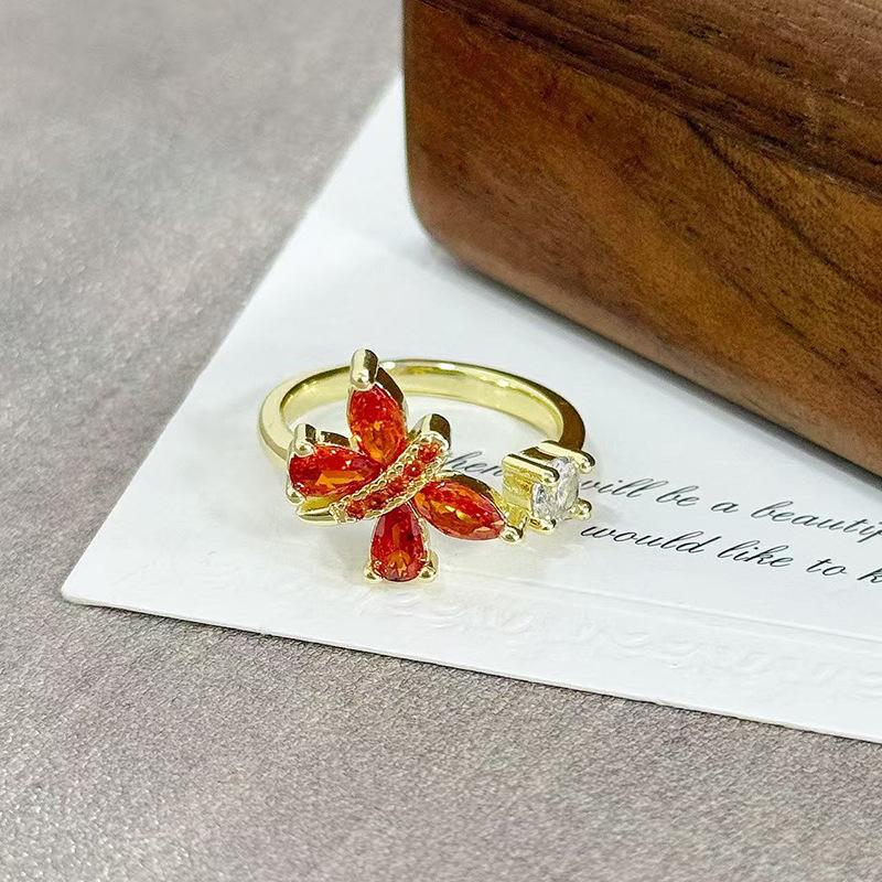 Medieval Vintage Orange Red Zircon Inlaid Simple Open Ring Female Retro Flower Temperament Niche Index Finger Ring