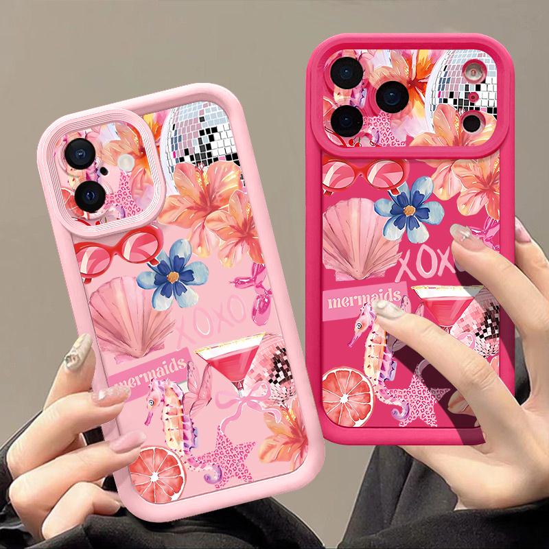 Shockproof Phone Case For iPhone 17 Pro Max Pink Cartoon Floral Pattern Silicone Cover For iPhone 16 Pro Max Cover iPhone 15 14 13 12 11 16E Air